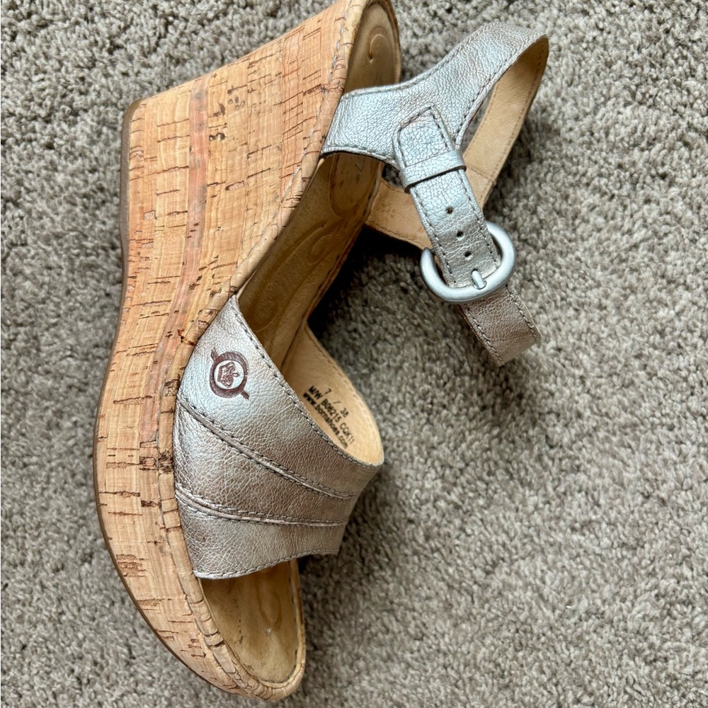 Born Silver Issa Sandals with Cork Wedge Heels